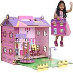 FunBrigade Big Wooden Doll House for Girls | Foldable, Easy to Carry | Colorful Dollhouse with Furniture, Playground and Handle |Pretend Doll Playset for Girls| | Girls Toy | STEM Learning