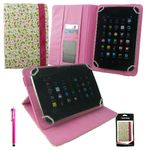 Emartbuy® Yuntab Q88 Quad Core Tablet 7 Inch Universal Range Floral Pink/Green Multi Angle Executive Folio Wallet Case Cover With Card Slots + Hot Pink Stylus