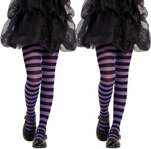 MANZI Girls Colored Striped Tights Toddler Kids Halloween Christmas Costume Pantyhose Witch Striped Leggings Baby Black and White Footed Stockings Nylons 2t-10t(Black+Purple,S)