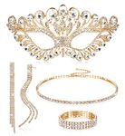 Drperfect 5 Pieces Rhinestone Crystal Jewelry Set for Women Masquerade Mask Rhinestone Choker Necklace Bracelets Dangle Earrings Set Bridal Jewelry for Wedding Masquerade Prom