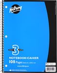 Hilroy Coil 3-Subject Notebook, Wide Ruled, 108 Pages, 3-Hole Punched, 10 1/2" x 8", Light Blue, Box of 10 (13111A)