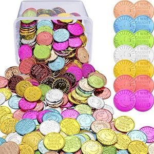 400 Pcs Good Behavior Incentive Coins Reward Coins I Was Caught Being Good Tokens Smile Face Colored Plastic Coins with Clear Plastic Box for School Classroom Teacher Reward Prizes Party Game Props