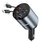 Retractable Car Charger 80W(Max), 4 in 1 Type C Super Fast Car Charger Adapter with Two Retractable Phone Charger Cables and Two Car Phone Charger Ports for iPhone 15/14/iPad,Samsung S24/S23,Google