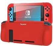 Teyomi Protective Silicone Case for Nintendo Switch, Grip Cover with Tempered Glass Screen Protector, 2 Storage Slots for Game Cards, Shock-Absorption & Anti-Scratch (Red)