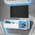 soges Floating TV Stand Entertainment Centre with LED Lights, Wall Mounted TV Table with Cable Management, LED TV Cabinet Media Console TV Cabinet with Door, White, 10HBNDTC01WH100-CA-2