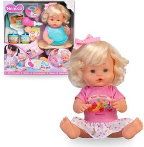 Nenuco - Mi Primera Papilla, Muñeco Bebé de 35 cm y Cuerpo Duro con Pelo Rubio y Accesorios, Prepara la Comidita y Dale su Primera Papilla con su Cuchara Beberón, Niños +3 Años, Famosa (NFN96000)