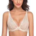 WingsLove Women's Sexy Lace Bra See Through Sheer Deep V Plunge Unlined Underwire Bralette (Nude,34D)