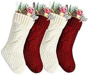 Kunyida Pack 4, Unique Burgundy and Ivory White Knit Christmas Stockings 14"