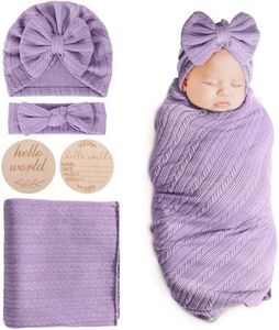 DRESHOW BQUBO Baby Swaddle Blankets for Girls, 4PCS Newborn Accessories Set with Matching Hat and Bow Headband with Hello World Wooden Birth Announcement Card, Baby Blankets for Girls (Purple)