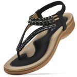 Littleplum Women Arch Support Sandals Rhinestone Casual Wear Flat Sandals Dressy T-Strap Thong Sandals Black Size 9