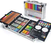MIAOKE 145 Piece Art Set, Deluxe Mega Aluminum Box & Drawing Kit with Colored Pencils, Markers, Watercolor Paints, Crayons, HB Pencils, Watercolor Cake, Brush, 18-Sheet Sketch pad