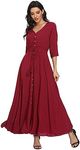 Summer Floral Print Maxi Dress Women Button Up Split Long Flowy Bohemian Beach Party Dresses, Dark Red, Medium