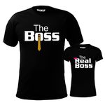 Hangout Hub Men's & Girl's Round Neck T-Shirt The Boss The Real Boss (Black;Dad XL(42);Daughter 8-10Yrs ;) Pack of 2 Family T-Shirts