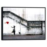 Wieco Art Black Framed Canvas Prints Wall Art of Banksy Grafitti Girl with Red Balloon Grey Love Pictures Paintings for Living Room Bedroom Home Decorations