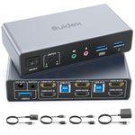 SUIDEK HDMI KVM Switch 2 Monitors 2 Computers Support 4K@60Hz, 3 Port USB3.0 KVM Switches for 2 Computers Share Keyboard/Mouse/Hard Drives and 2 Monitor, with Desktop Controller and 2 USB Cables