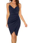 Owin Women's Deep V Neck Sleeveless Ruched Bodycon Wrap Dress Elegant Cocktail Party Wedding Guest Dresses Knee Length Navy Small