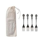 Creative Co-Op Embossed Brass Drawstring Bag, Set of 4, Antique Silver Finish Appetizer Forks