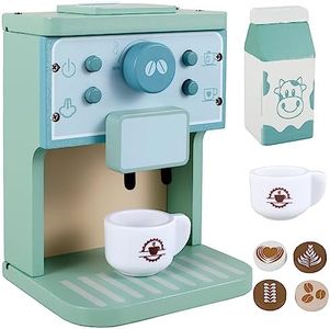 Keyohome 8Pcs Wooden Coffee Machine Play Set,Brew And Serve Wooden Coffee Maker Set,Wooden Kitchen Coffee Machine Maker Toy Set Early Education Coffee Machine for Kids Gift for Kids Gift.(blue)