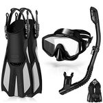 Odoland 4 in 1 Snorkel Set, Snorkeling Packages with Dry Top Diving Mask, Adjustable Swim Fins, Mesh Bag, Anti-Fog Anti-Leak Snorkeling Gear for Men Women,Black,S/M