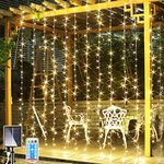 Joycome Solar Curtain Lights 3x3M 300 LED Gazebo Lights with Remote, 8 Modes Solar Garden Lights Waterproof Wall Fairy for Balocony Fence Pergola Mauquee Wedding Party Decorations - Warm White