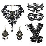 Thunaraz Vintage Black Gothic Lolita Pendant Choker Necklace Earrings Set Lace Masquerade Mask Sexy Punk Lace Up Fingerless Gloves Victorian Vampire Jewelry for Halloween Costumes Party Accessory