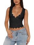 REORIA Womens Summer Tops Sexy V-Neck Sleeveless Double Lined Fashion Going Out Y2K Tank Tops Trendy Lace Slimming Crop Tops for Teen Girls Black Large