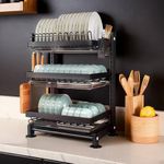 IBELL DR340 Dish Drying Rack, 3-Tier Bartan Stand/Drainer Shelf/Kitchen Organizer/Counter for Utensils Storage (Black)