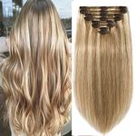 Full Head Clip in Hair Extensions 100% Remy Human Hair Double Weft 8 Pieces Thick Straight Natural 18 Clips 18inch-140g #12/613 Golden Brown & Bleach Blonde