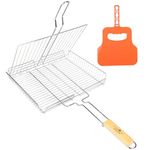 CloudBerry Steel Portable Barbecue BBQ Grill Net Basket Roast Grilling Tray Plated for Vegetables, Camping Outdoor Fish Grill & Meat Grilling Cooking Tool with Wooden Handle (67 x 37 x 5 CM, Large)