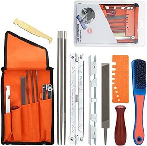 Affuteuse de Tronçonneuse Professionnel Kit d'Affûtage Universel pour Tronçonneuses 11 Pièces Kit Affutage Chaine Tronçonneuse avec Limes Rondes,Lime Plate, Manche, Guide de Lime et Pochette