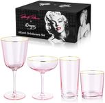 Dragon Glassware x Marilyn Monroe Pink Drinkware Set of 4 - Includes a Stemmed Wine Glass, Martini Glass, Whiskey Glass & Drinking Glass - Marilyn Monroe Gifts for Women - Pink Glassware Set