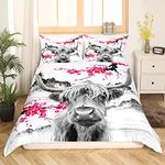 Loussiesd Highland Cow Comforter Cover Cute Red Floral Cattle Bedding Set Kids Girls Women Men Cherry Blossom Duvet Cover Western Bull Cow Print Bedspread Cover Exotic Wild West Animal Single