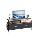 TREETALK TV Cabinet, TV Stand with 2 Large Fabric Storage Boxes and 5 Divided Side Pockets,Rustic Console Table with Unique Bevel Angle Adjustable Leg Pads for Living ROOM Bedroom Office