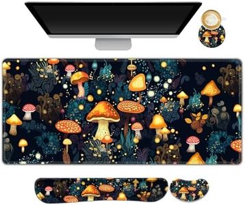 ARTSO Large Gaming Mouse Pad, Keyboard Wrist Rest Pad & Wrist Support Mousepad Set, Stitched Edge, Extended, Non-Slip Base, Memory Foam Desk Mat for Office, Home, Cute Mushrooms