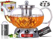 Pykal Glass Tea Pot with Removable Infuser - 1.18l - Candle Warmer Included - Glowing Diamond Teapot Gift Set Also for Flowering & Blooming Tea