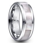 VAKKI 8mm White Mother of Pearl Engagement Ring for Men Women Silver Tungsten Carbide Wedding Band Size Q