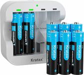 Kratax AA AAA Rechargeable Battery Charger,3500mWh 1.5V Rechargeable Lithium AA Battery,High-Capacity Li-ion Double AA Rechargeable Batteries,Constant Output,2H Fast Charge(8AA+1Charger)