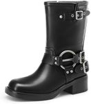 DREAM PAIRS Mid Calf Boots for Women, Square Toe Motorcycle Boots with Buckles, Women's Riding Biker Boots with Low Chunky Heel,Size 8,Black-1,SDMB2405W