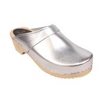 Lotta From Stockholm Swedish Classic Clog Mule for Women | Low Heel Slip-on Wooden Clogs Handmade in Sweden from Alder Wood Base and PU Coated Leather I Silver Size UK 6 EUR 39