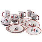 American Atelier Holiday Christmas Round Dinnerware Set – 16-Piece Stoneware Party Collection w/ 4 Dinner Salad Plates, 4 Bowls & 4 Mugs – Unique Gift Idea, 10.5", White/Red