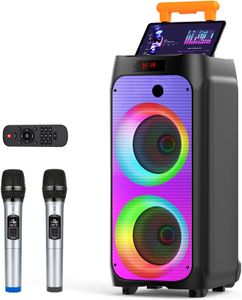 JYX Karaoke Machine with 2 Wireless Mics – 500W Bluetooth Party Speaker with LED Lights, USB/AUX/SD/TWS