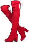 RF ROOM OF FASHION Chateau Women's Over The Knee Block Heel Stretch Boots (Regular & Wide Calf), Regular Calf Red Su - Chunky Heel, 5.5