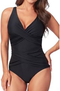 Holipick Tummy Control Swimsuits for Women One Piece Bathing Suit Ruched V Neck Swimwear, Black, Medium