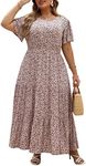 Nemidor Womens Plus Size Boho Ditsy Floral Print Casual Layered Flared Maxi Dress with Pocket NEM304, Pink Print, 24 Plus