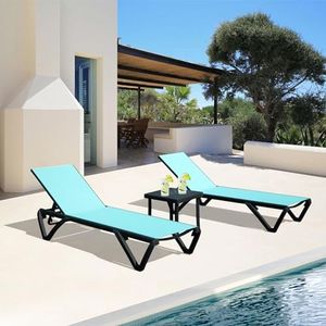 Domi Pool Lounge Chairs, Aluminum Patio Chaise Lounge with Side Table, 5 Position Adjustable Backrest and Wheels, All Weather Outdoor Lounge Chairs for Beach, Yard, Balcony, Poolside, Turquoise Blue