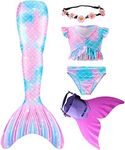 Wfundeals Mermaid Tails for Swimming with Monofin Swimsuit Costume Cosplay, Princess Bikini Set, A -Pink, 5-6 Years