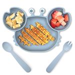 ROCCED Suction Plates for Baby, Silicone Plates with Suction Divided, Baby Spoon Fork Set for Toddler Baby Dishes Kids Plates and Utensils-Crab Dark Blue