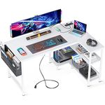 ODK 48 Inch Small L Shaped Gaming Computer Desk with Power Outlets, Reversible Storage Shelves & PC Stand for Home Office, Simple Writing Study Table with Storage Bag for Small Space, White