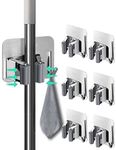 Henrycares 6-Pack Broom Mop Holder, Silver Stainless Steel Self Adhesive Broom Holder Mop Holder Wall Mounted with Hook Hanger for Kitchen, Bathroom, Closet, Garden Garage etc