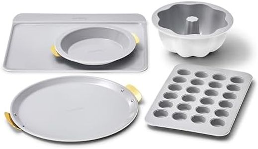 Caraway 5-Piece Bakeware+ Set - 15” Pizza Pan, 9” Pie Pan, 18” x 13” Cookie Sheet, 24-Cup Mini Muffin Pan and Fluted Cake Pan - Oven Safe up to 550ºF - Non-Toxic, PTFE & PFOA Free - Iconics White